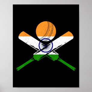 Poster Joueur de cricket vintage Inde Drapeau Indien Cric
