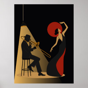 Poster Joueur de trombone et danseuse Musique Noir