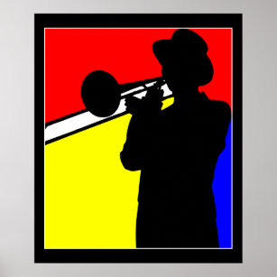 Poster Joueur en trombone en silhouette, art mondrien 20"
