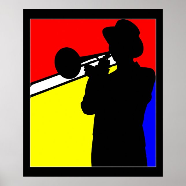 Poster Joueur en trombone en silhouette, art mondrien 20" (Devant)