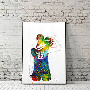 Poster Joueuse de basket-ball féminine à l'aquarelle