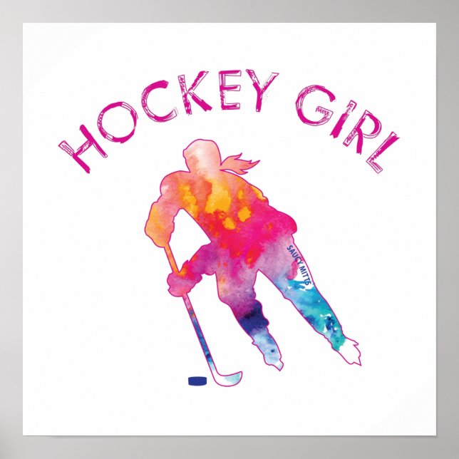 Poster Joueuse de hockey Aquarelle Filles roses (Devant)
