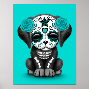 Poster Jour bleu mignon du chien chiot mort