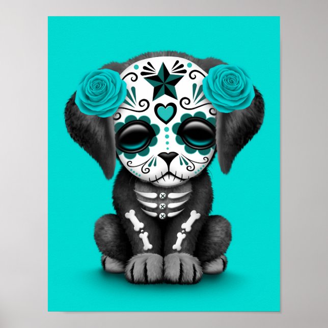 Poster Jour bleu mignon du chien chiot mort (Devant)
