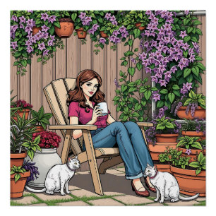 Poster Jour de détente   Femmes avec café, chats et Plant