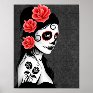 Poster Jour de la fille morte de crâne de sucre - gris