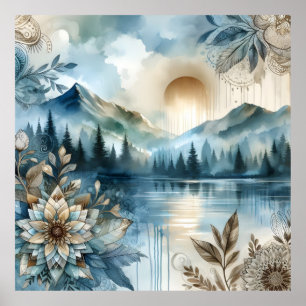 Poster Jour de la pluie Aquarelle Mountain Lake Boho rust