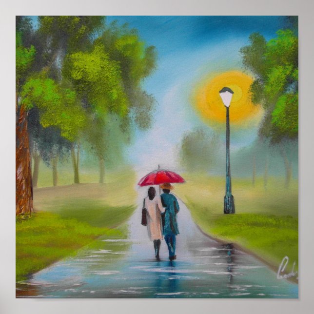 POSTER JOUR DE PLUIE COUPLE UMBRELLA PEINTURE (Devant)
