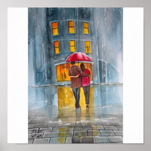 Poster JOUR DE PLUIE ROUGE UMBRELLA scène de rue PEINTURE (Devant)