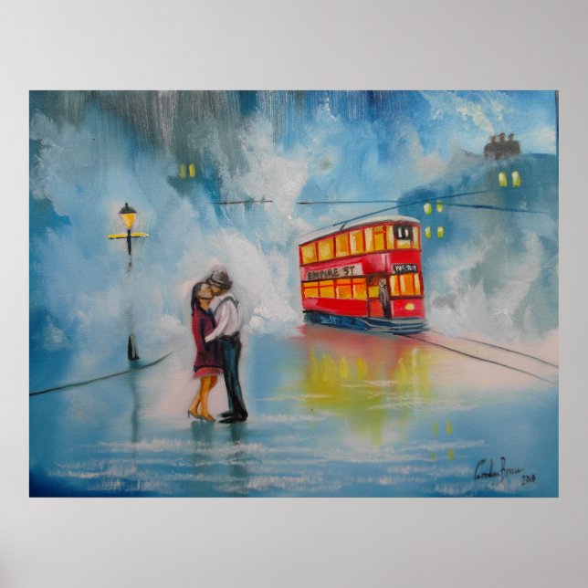 Poster JOUR DES PLUIES UMBRELLA RED TRAM couple de baiser (Devant)