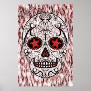 Poster Jour du crâne de sucre mort - Fractal rouge et noi