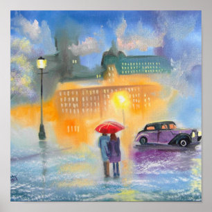 Poster Jour pluvieux rouge parapluie romantique couple ma
