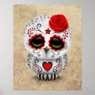 Poster Jour rouge mignon de la Chouette du crâne de sucre