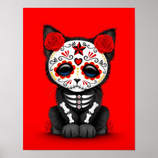 Poster Jour rouge mignon du chat Kitten Mort, rouge (Devant)