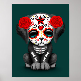 Poster Jour rouge mignon du chien chiot mort Turquoise