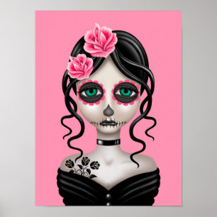 Poster Jour triste de la fille morte sur le rose