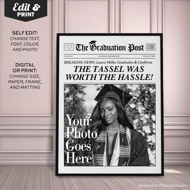 Poster Journal de graduation sur mesure, soirée de gradua (Custom Graduation Newspaper Print, Personalized Grad Gift, Fun Tassel Quote)