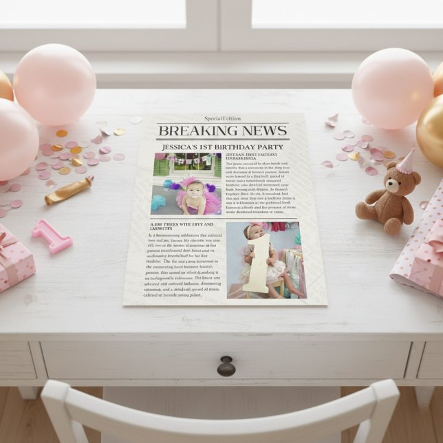 Poster Journal de première page pour le premier anniversa ( Breaking News Front Page Newspaper 1st Birthday Poster)
