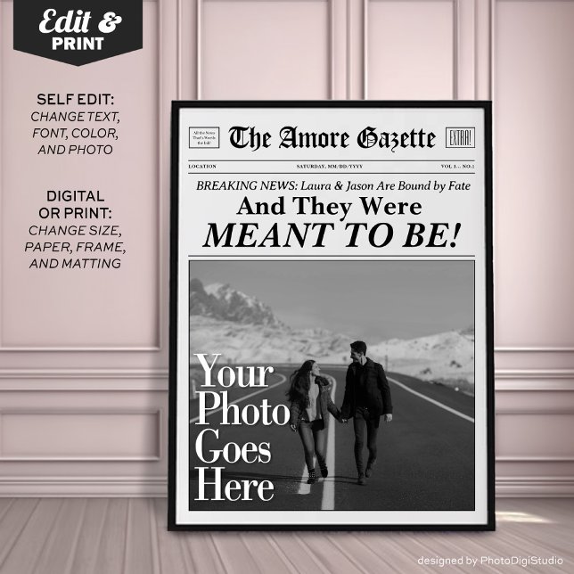 Poster Journal personnalisé Couples Imprimer 'Signifie êt (Personalized Couples Newspaper Print 'And they Were Meant to Be')