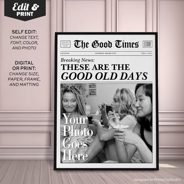 Poster Journal personnalisé Imprimer 'Le bon vieux temps' (Personalized Newspaper Print 'These are the good old days')