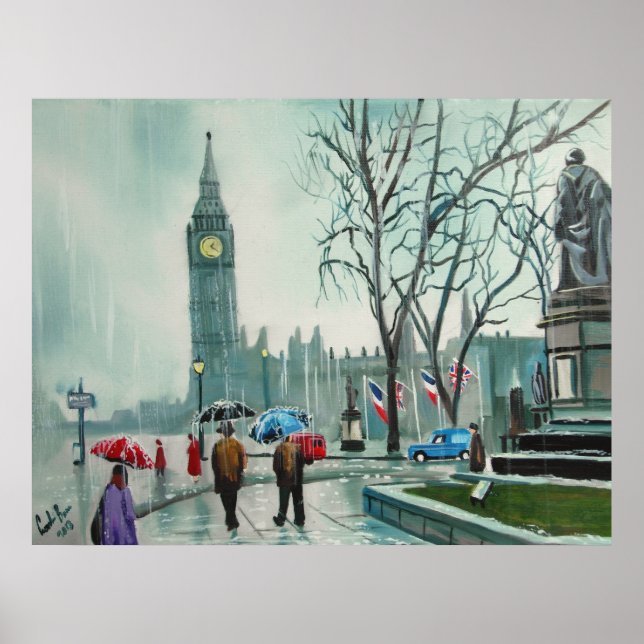 Poster Journée de pluie à Londres personnes avec paraplui (Devant)