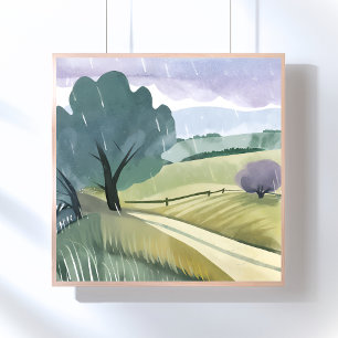 Poster Journée pluvieuse Paysage de collines aquarelles