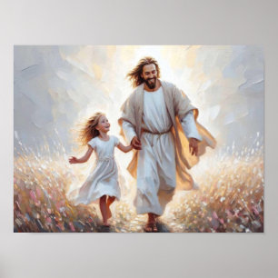 Poster Jours heureux, Art chrétien, Jésus et Fille, Jésus
