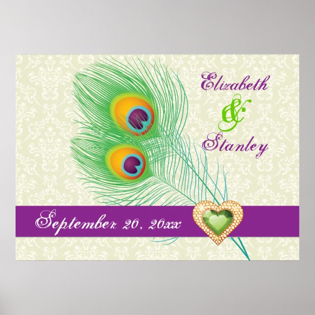 Poster Joyau de coeur en plumes de paon mariage anniversa (Devant)