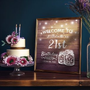 Poster Joyeuse fête d'anniversaire Wood Mason Jar Lumière