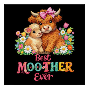 Poster Joyeuse fête des mères à la maman vache highland é