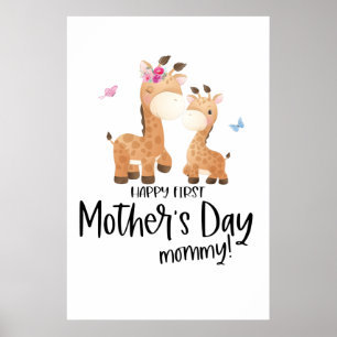 Poster Joyeuse fête des mères 🦒 Giraffe + Papillons