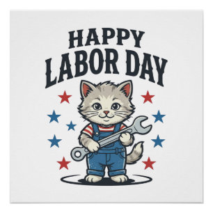 Poster Joyeuse Fête du Travail Chat Patriote Vintage Créa
