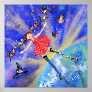 Poster Joyeuse fille aux oiseaux - Joie