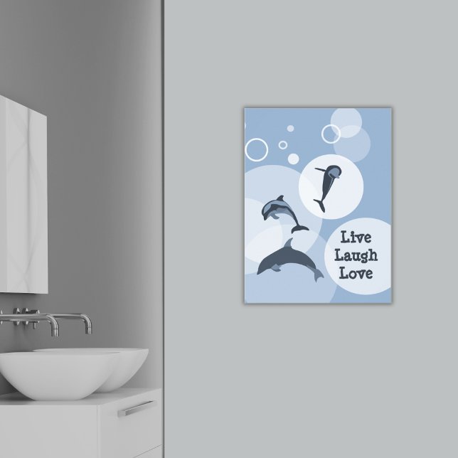 Poster Joyeusement Jumping Dolphins Live Laugh Love (Joyfully Jumping Dolphins Live Laugh Love Poster, Bathroom Art)