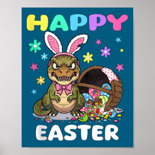 Poster Joyeuses Pâques t rex dinosaure bonbons noeud lapi