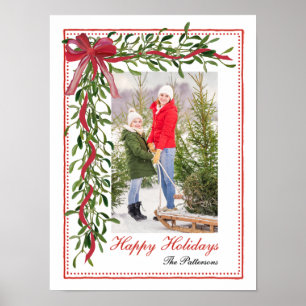 Poster Joyeuses vacances Mistletoe Red Bow Family Photo