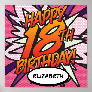 Poster Joyeux 18e ANNIVERSAIRE Bande dessinée Pop Art ros