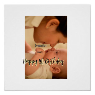 Poster Joyeux 1er anniversaire enfants bébé mère noir jau