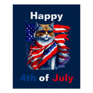 Poster Joyeux 4 juillet chat patriotique drapeau américai