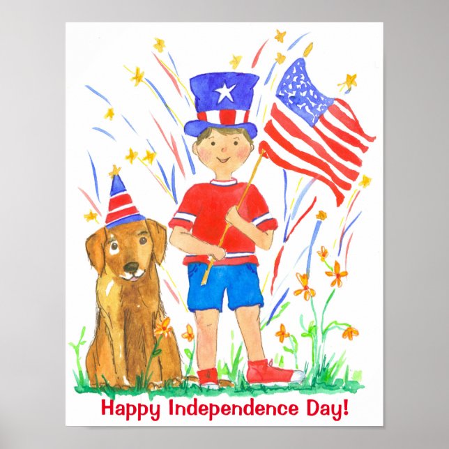 Poster Joyeux 4 Juillet Hound Dog Drapeau Américain (Devant)