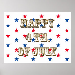 Poster Joyeux 4 juillet, or, rouge blanc bleu étoiles