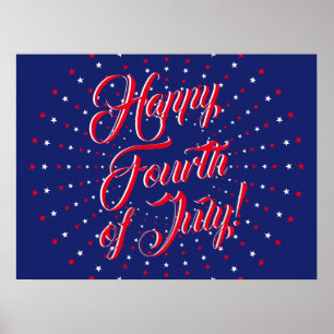 Poster Joyeux 4 Juillet script rouge blanc marine étoiles
