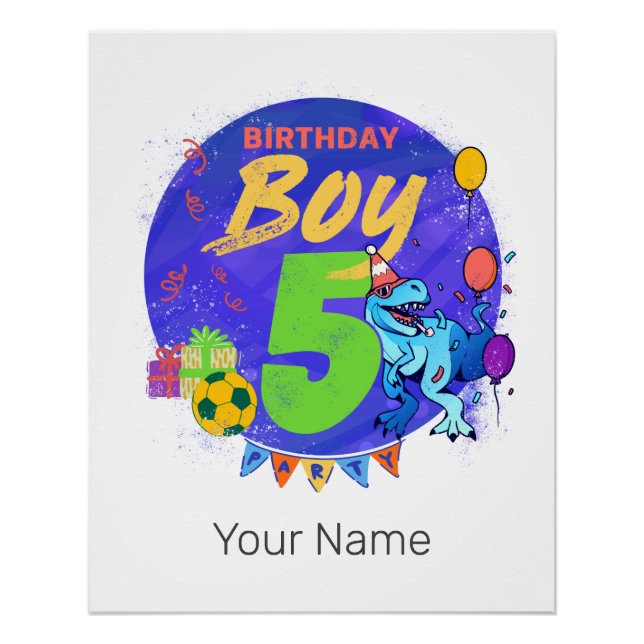 Poster Joyeux anniversaire garçon 5e anniversaire Dinosau (Devant)