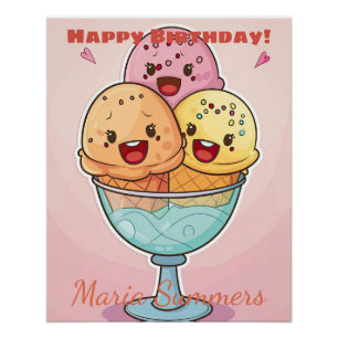 Poster Joyeux Anniversaire Gelato Glace Kawaii Dessin Ani