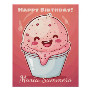 Poster Joyeux Anniversaire Glace au Sorbet Kawaii Dessin