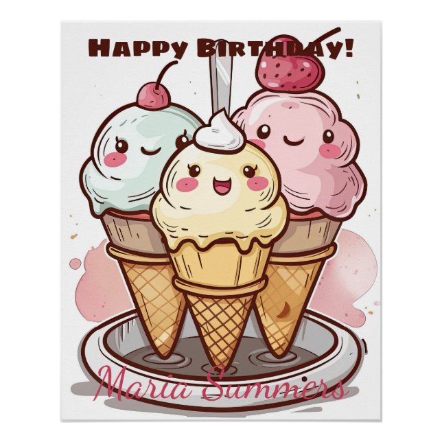 Poster Joyeux Anniversaire Glace roulée Kawaii Cartoon  (Devant)
