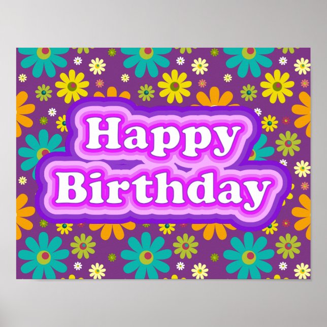 Poster Joyeux anniversaire Hippie Fleurs (Devant)