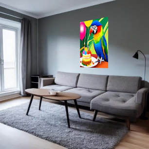 Poster Joyeux anniversaire, perroquet, ballon à gâteau   