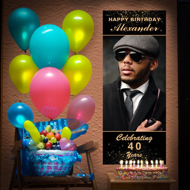 Poster Joyeux Anniversaire Photo Party Événement Gold Bla (Happy Birthday Photo Party Event Gold Black Custom Poster great for your party to great your guest. )