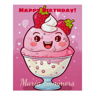 Poster Joyeux Anniversaire Sorbet Glace Kawaii Cartoon